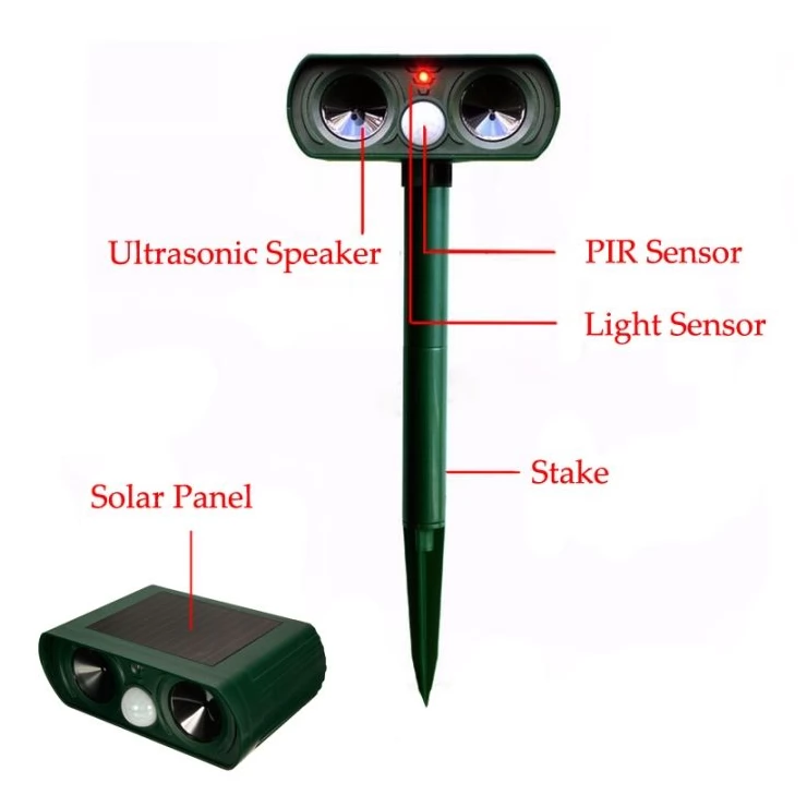 Dual speaker Ultrasonic Solar animal repeller with PIR Sensor