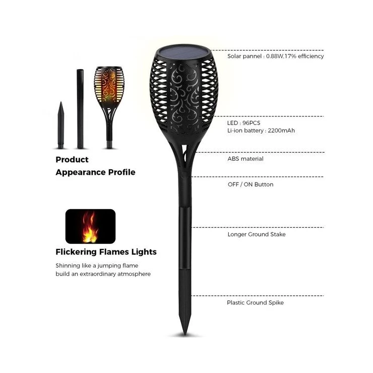 Solar Tiki Path Light 96 LED Flickering Torch for Landscape - Set of 2