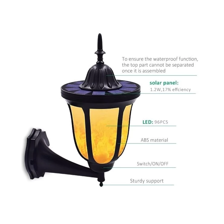Stylish Outdoor 96 LED Solar Flame Lamp - Wall Flickering Effect Light