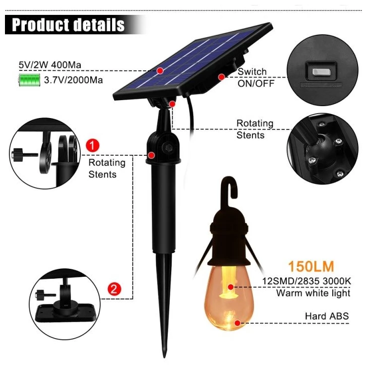 Bright Solar String Light Edison 12 Outdoor Decoration Warm White Bulbs