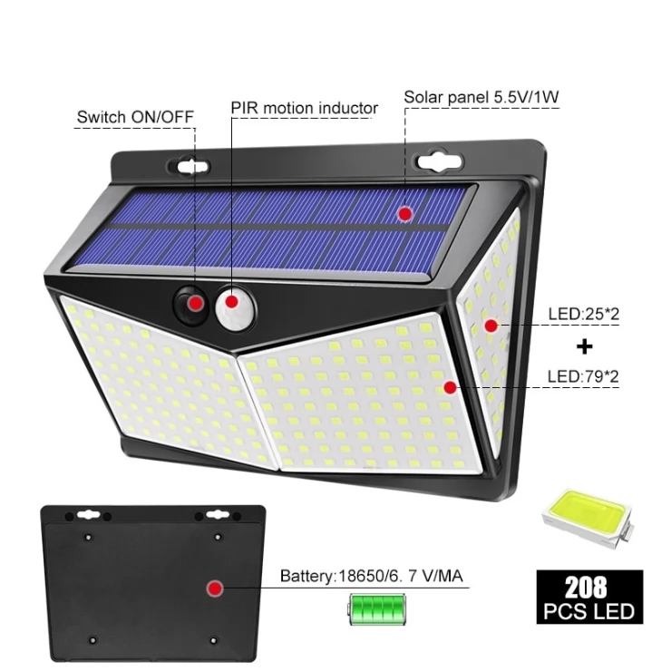 Bright 208 LED Ultra-Wide Angle Solar Wall Light Motion Sensor 3 Modes