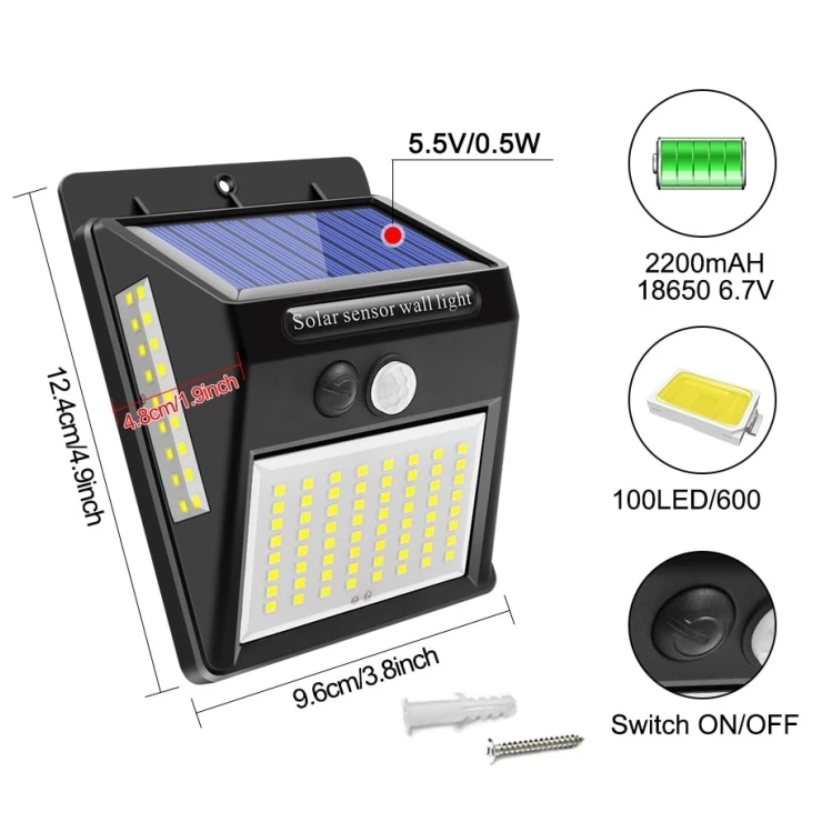 Bright 100 LED Solar Security Wall Light PIR Motion Sensor