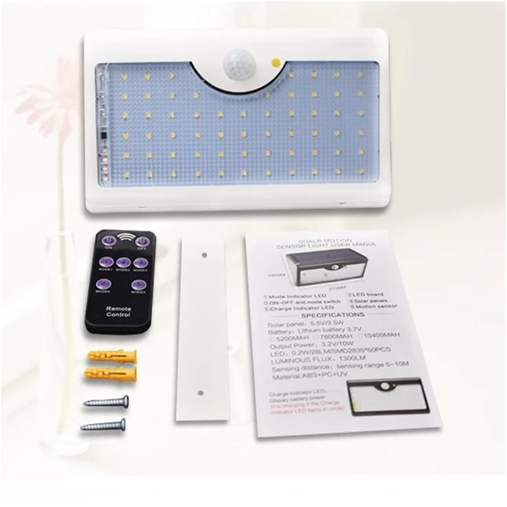 Bright 60 LED Security Solar Motion Sensor Wall Light Remote Control
