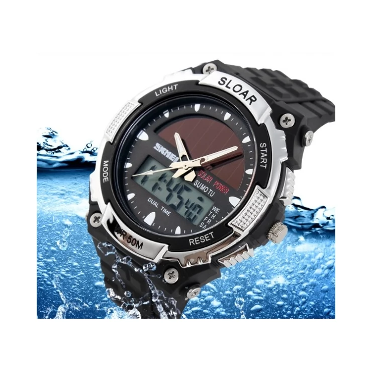 Solar Dual Time Waterproof LED Analog-Digital Watch