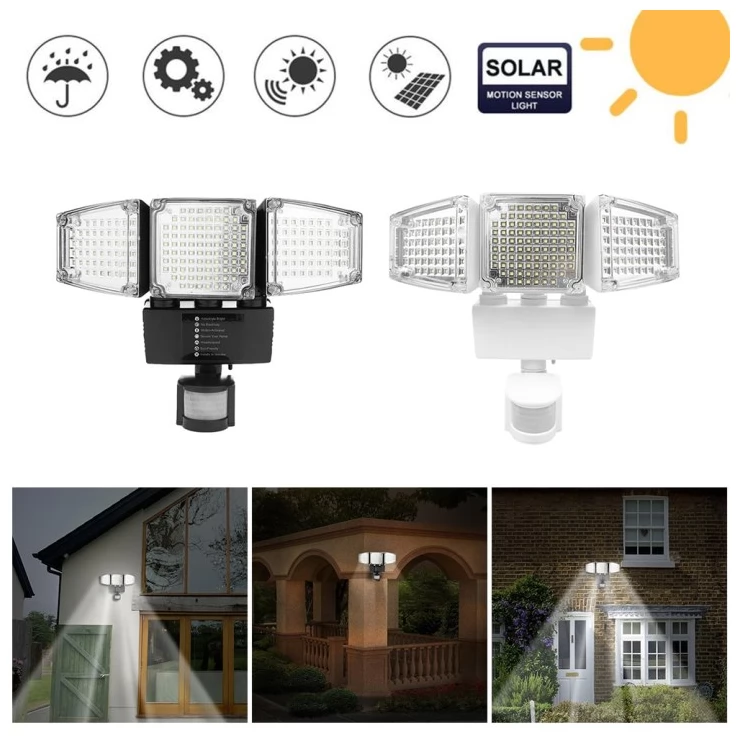 Three Head Super Bright 178 LED Solar Security Wall Light with PIR Motion Sensor