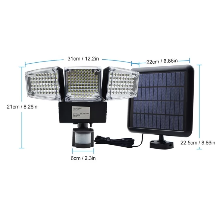 Three Head Super Bright 178 LED Solar Security Wall Light with PIR Motion Sensor