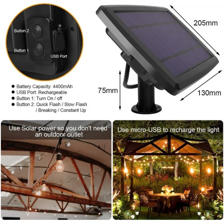 Vintage Outdoor Solar Fairy String Lights LED Glass Bulbs Decoration