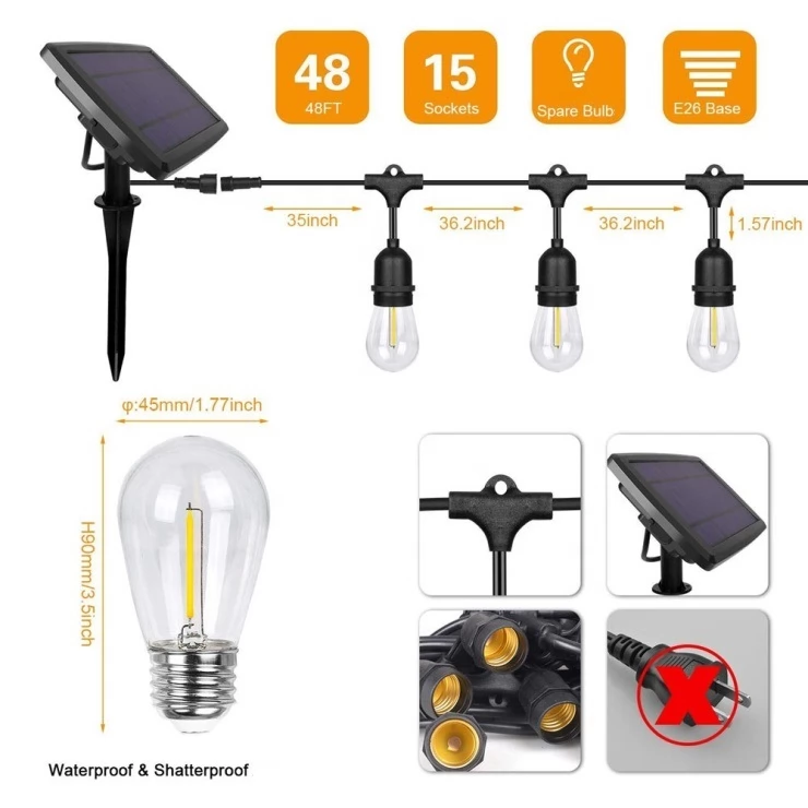 Vintage Outdoor Solar Fairy String Lights LED Glass Bulbs Decoration